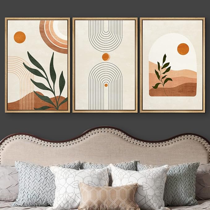 wall26 Framed Canvas Print Wall Art Set Boho Mid-Century Geometric Desert Plant Sun Nature Abstract Illustrations Modern Art Bohemian Decorative for Living Room, Bedroom, Office - 24"x36"x3 Natural