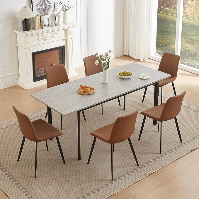 63"- 78.7" Extendable Dining Table with 6 Brown Dining Chairs, Modern Kitchen Table Set for 6, Thickened Expandable MDF Wooden Table with Metal Legs for Dining Room, Kitchen, Home