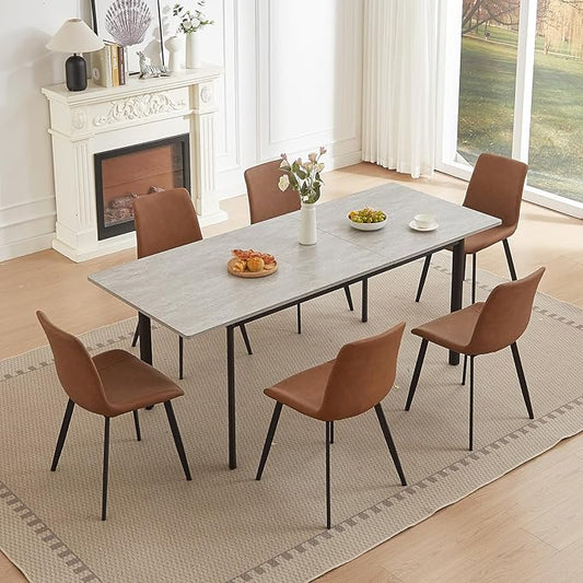 63"- 78.7" Extendable Dining Table with 6 Brown Dining Chairs, Modern Kitchen Table Set for 6, Thickened Expandable MDF Wooden Table with Metal Legs for Dining Room, Kitchen, Home