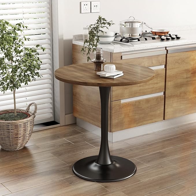Round Dining Table 31.5" Circle Tulip Table with Wood Thickened Tabletop & Sturdy Metal Pedestal Mid Century Modern Farmhouse Kitchen Tables for 4 Small Places Living Room Cafe,Somber Walnut