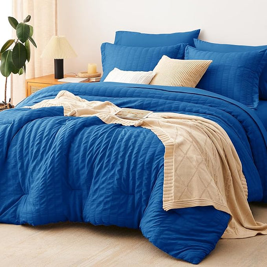CozyLux Full Size Comforter Sets Classic Blue, 7 Pieces Seersucker Textured Luxury Bed in a Bag, All Seasons Soft Bedding Sets with Down Alternative Comforter, Sheets, Pillowcases & Shams, Home Gift