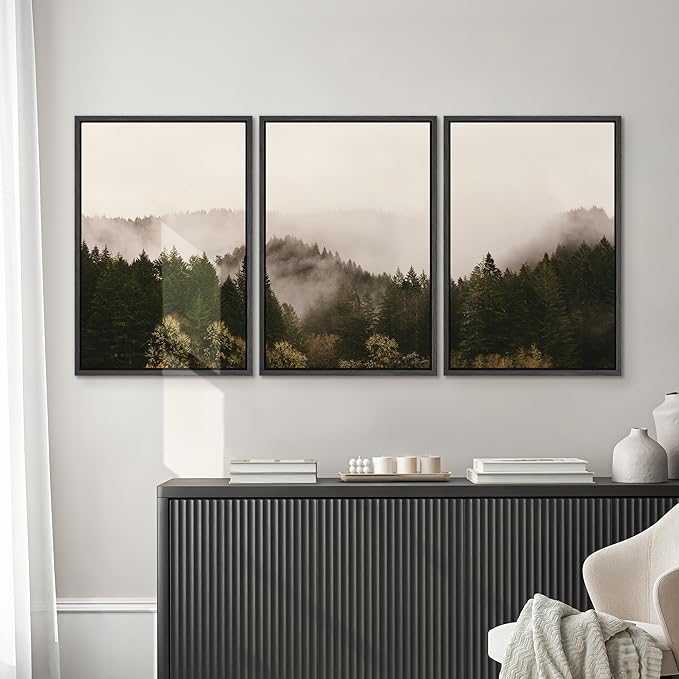 SIGNWIN 3 Piece Framed Canvas Wall Art Foggy Mountains Canvas Prints Home Decoration for Living Room,Bedroom - 24"x36"x3 Panels