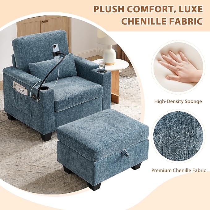 Oversized Chaise Lounge Chair Indoor, Single Convertible Recliner Reading Arm Sofa Chair W/Adjustable Backrest & Charging Port Couch Bed for Living Room, Home Theater & Bedroom, Blue
