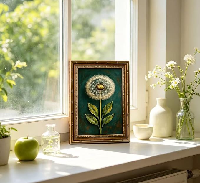 Vintage Gold Framed Dandelion Canvas Wall Art, Teal Background Botanical Oil Painting Print, Retro Moody Botanical Picture Poster， Country Farmhouse Wall Decor，for Home Living Room Bedroom，12x16in