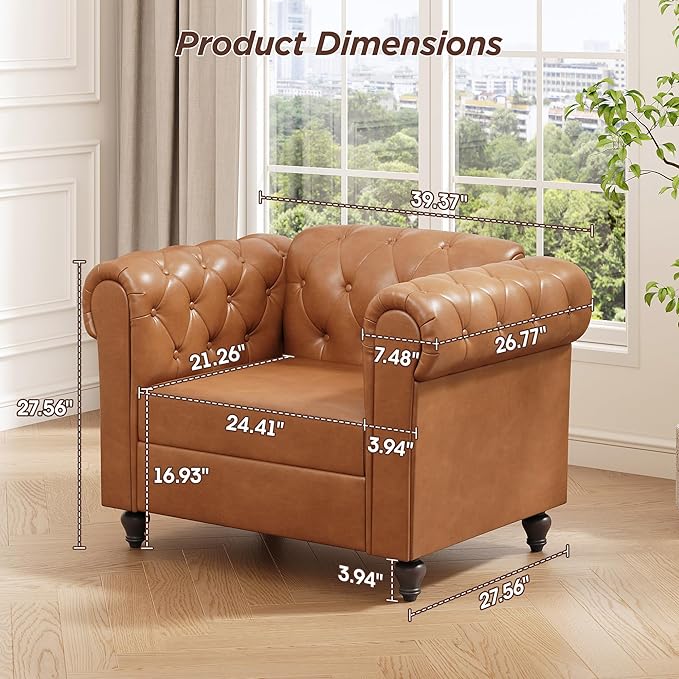 Brown Faux Leather Accent Chairs, Button-Tufted Upholstered Club Chair Retro Armchairs, Mid Century Modern Accent Chair with Solid Wood Legs, Cozy Chesterfield Couch Chairs for Living Room, Bedroom