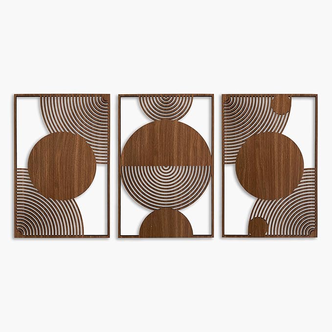 Mid Century Modern Wall Art Wood Decor, Boho Wood Wall Art in Midcentury Modern Style, Set of 3 Large Wooden Mid Century Wall Art, Home Gift