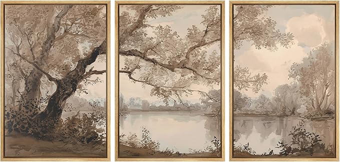 wall26 Framed Print Wall Art Set Sepia Watercolor Lakeside Tree Landscape Decorative Minimal Relax/Zen for Living Room, Bedroom, Office - 16"x24"x3 Natural