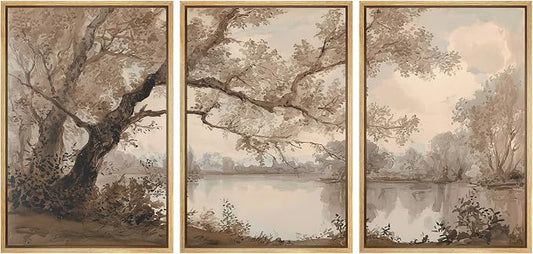 wall26 Framed Print Wall Art Set Sepia Watercolor Lakeside Tree Landscape Decorative Minimal Relax/Zen for Living Room, Bedroom, Office - 24"x36"x3 Natural