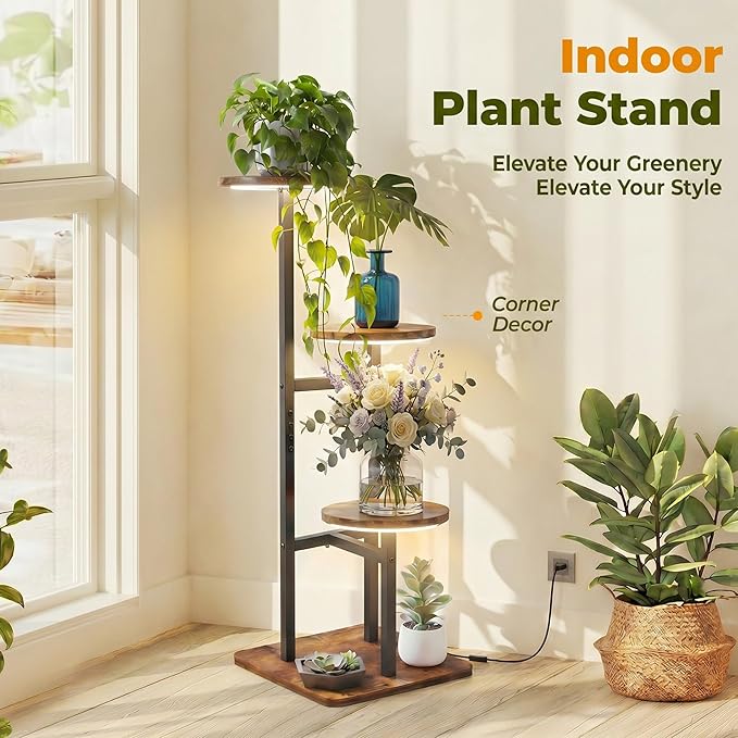 3 Tier Plant Stand Indoor with Grow Light for Multiple Plants | Corner Flower Stand, Vintage Multi-Layer Design, Sturdy Plant Shelf, Space-Saving, Ideal for Living Room Indoor Plant Display