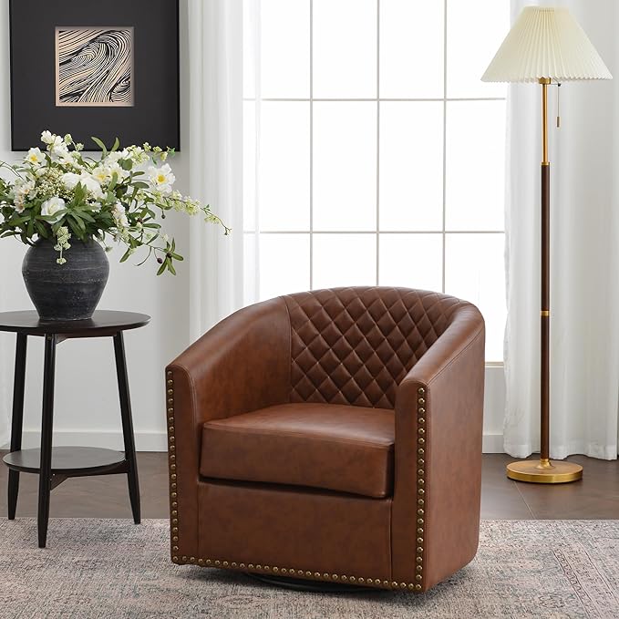 KINWELL 29" Wide Tufted Faux Leather Accent Chair, Small Swivel Barrel Chair, Modern Round PU Leather Upholstered Armchair with Nailhead Trim for Living Room Apartment, Brown