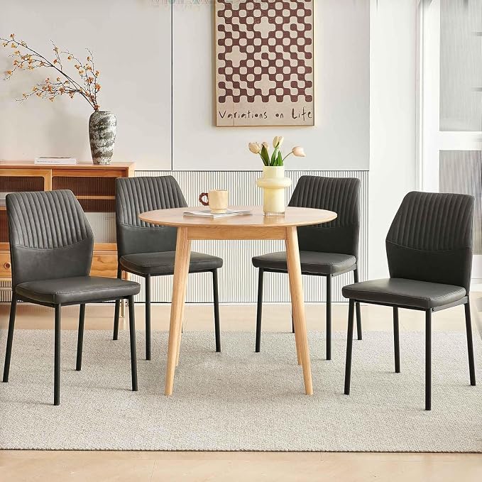 Small Dining Table Set for 4, Modern Round Dining Table with 4 PU Leather Dining Chairs in Metal Legs, Breakfast Nook for Compact Spaces, Dark Grey