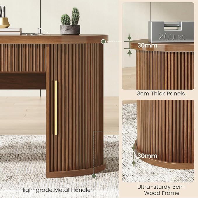 SEDETA Office Desk with 2 Drawers, 58.3" x 21.7" Fluted Long Computer Desk with 2 Sliding Doors Storage and Power Strip, Wood Executive Desk for Home Office, Living Room, Bedroom, Brown