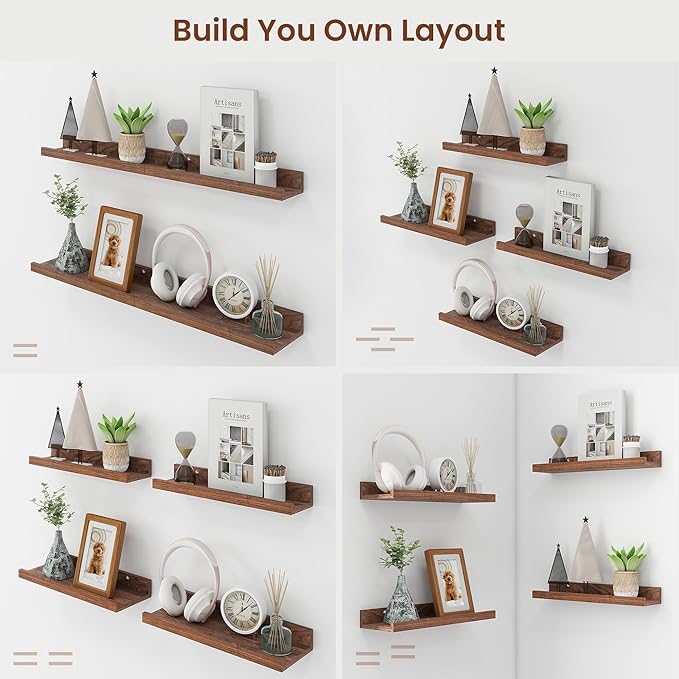 Axeman 30 Inch Floating Shelves | Walnut Picture Ledge Shelf Set of 4 | Rustic Wood Wall Shelves with Lip | 30" Walnut Picture Shelf for Wall with Ledge | Photo Shelves