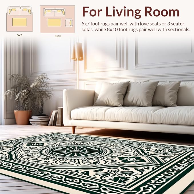 Flatwoven Area Rug 8x10 ft, Boho Medallion Ornate Symmetrical Accent, Non Slip, Stain Resistant, Washable High Traffic Area Rugs for Living Room, Bedroom Decor