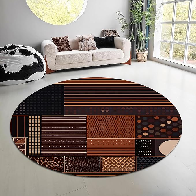 Mid-Century Modern Round Rug 3 ft - Geometric Abstract Design - Earthy Tones - Durable Non-Slip - Washable Carpet for Living Room, Bedroom，Farmhouse, Entrance