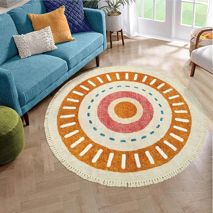 Lukinbox Boho Round Rug - 4Ft Sun Washable Rugs for Bedroom, Soft Non-Slip Circle Living Room Rugs, Colorful Rainbow Circular Throw Rug Area Carpets for Kids Room Playroom Nursery Dinning Room