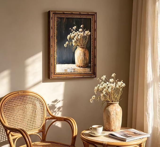 Vintage Gold Framed Wall Art,Fall Dried Flowers Antique Vase Country Oil Painting Canvas Prints,Dark Moody Rustic Farmhouse Floral Still Life Picture,for Living Room Bedroom Shelf Decoration, 9x11in