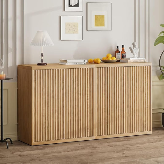 31” Sideboard Cabinet with Storage, Fluted Accent Cabinet with Adjustable Shelves, Modern Wood Credenza Cabinets with Pop-up Doors for Entryway Kitchen Living Room Hallway, Oak 2pcs