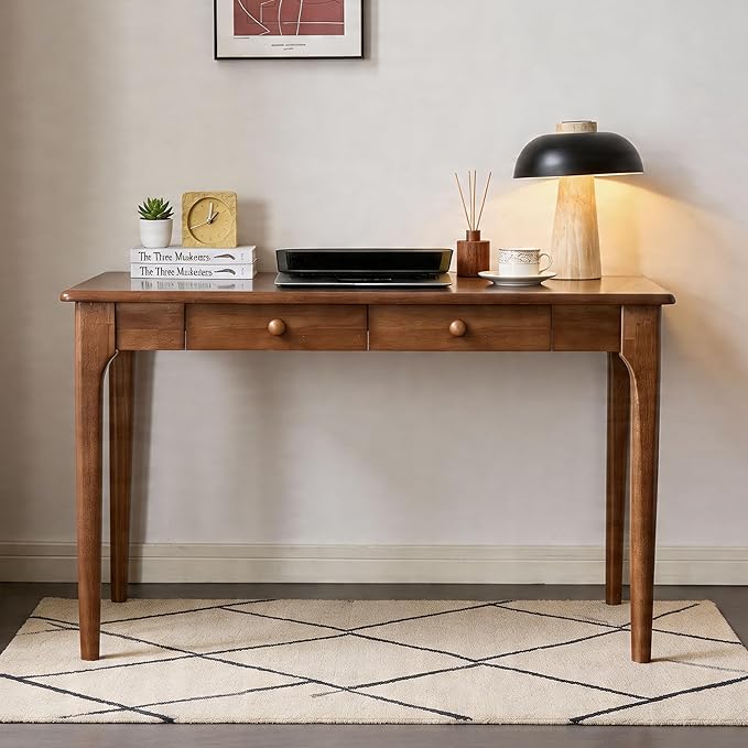 40" Walnut Solid Wood Desk with Drawers,Mid Century Modern Natural Real Wood Writing Desk,Home Bedroom Small Spaces Computer Office Workstation Desks