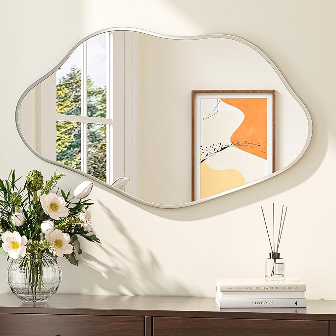 Keonjinn Nickel Irregular Mirrors for Wall 40" x 24" Inch, Asymmetrical Metal Frame, Tempered Glass Decorative Mirror for Bathroom, Bedroom, Living Room, Entryway(Horizontal/Vertical)