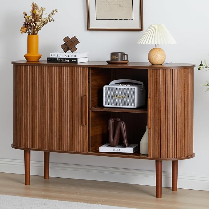 53''Sideboard Buffer Cabinet with Fluted Slide Doors, Modern Credenza Storage Cabinet, Tambour Bar Console Table for Living Dining Room Kitchen Hallway Entryway, Walnut
