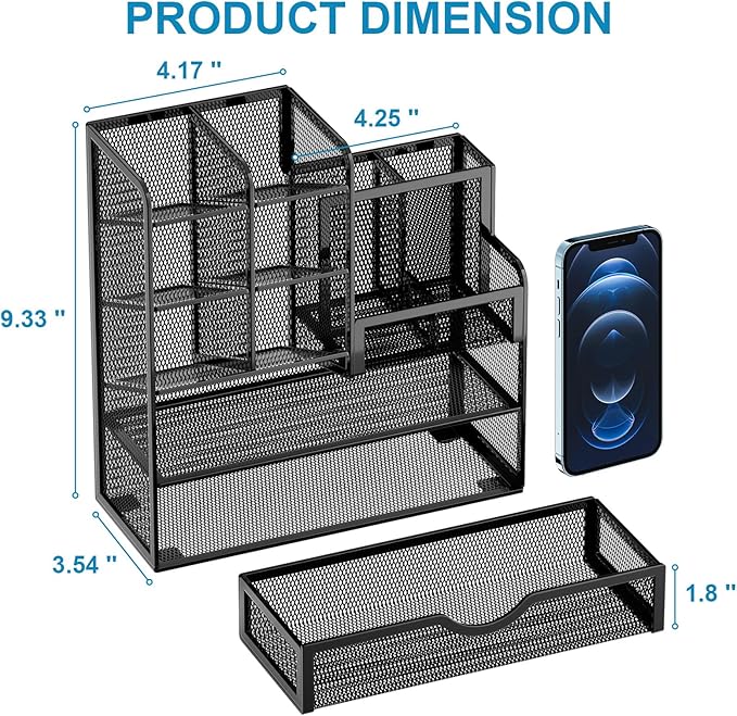 Marbrasse Mesh Pen Holder for Desk, Multi-Functional Pencil Organizer with Drawer, Desk Organizers and Accessories for Office Art Supplies (Black)