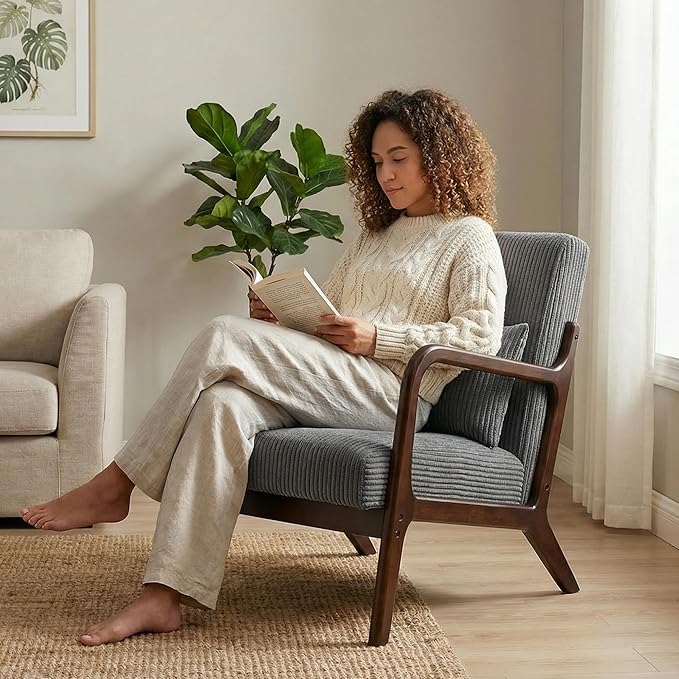 Accent Chairs, Mid Century Modern Chair with Pillow, Arm Chair with Solid Wood, Reading Relaxing Leisure Chair for Living Room, Waiting Room,Grey