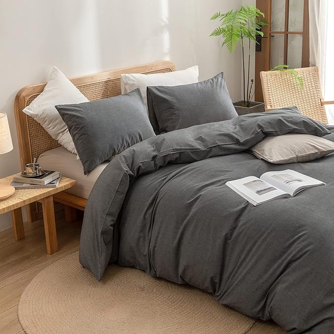 BESTOUCH Duvet Cover Set 100% Washed Cotton Linen Feel Super Soft Comfortable Chic Lightweight 3 PCs Home Bedding Set Solid Dark Grey Queen