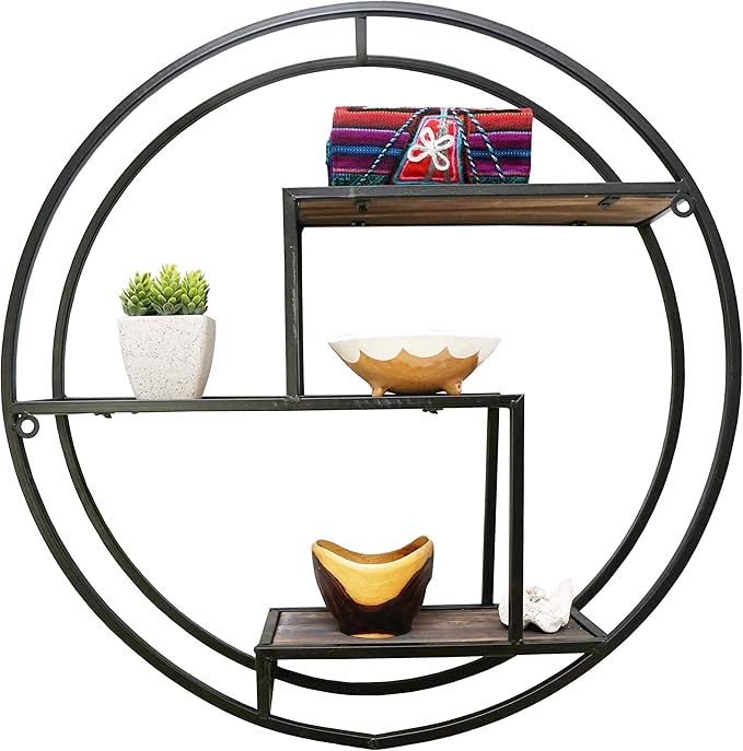 Admired By Nature, 23" Mounted Iron Circle Hanging Storage Shelving Floating Shelf 3 Tier Floating Circular Wall Decor Round Decorative Hanging Shelves, Sphere Shape Wall Shelf For Home, Black, 1 unit