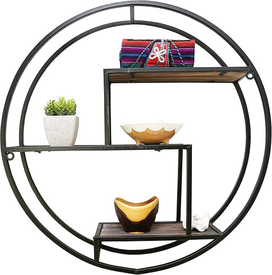 Admired By Nature, 23" Mounted Iron Circle Hanging Storage Shelving Floating Shelf 3 Tier Floating Circular Wall Decor Round Decorative Hanging Shelves, Sphere Shape Wall Shelf For Home, Black, 1 unit
