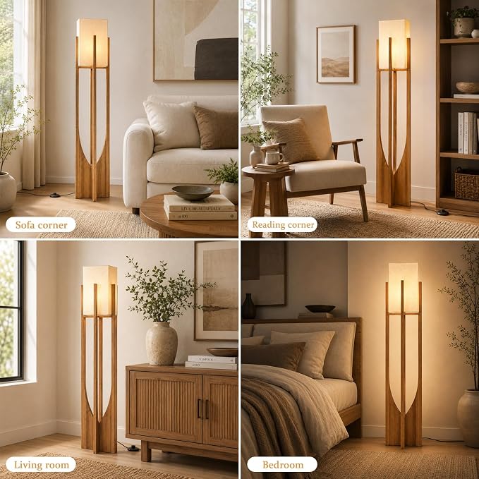 Solid Wood Floor Lamp, 57.1" Mid Century Modern Standing Lamp with Arch Base & Brass Hardware, Linen Shade for Living Room Bedroom Reading Corner, Walnut (LED Bulb Included)