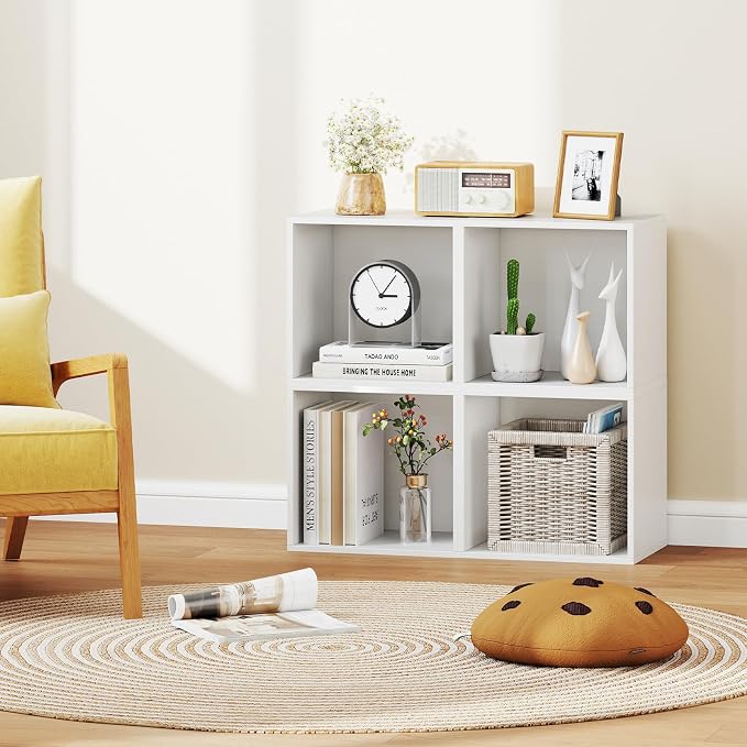 Giantex White Cubby Bookcase, Stackable Cube Storage Organizer w/Open Bookshelf, Wooden Display Shelving Unit for Small Space, DIY Modular Cubby Storage System for Study, Living Room