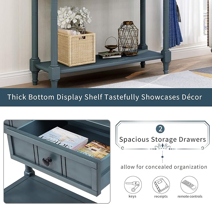 SOFTSEA 35.43” Antique Entry Console Table with Drawers & Bottom Open Shelf, Rustic Entryway Table with Storage, Save Space, Solid Wood Sofa Couch Table for Entryway, Navy