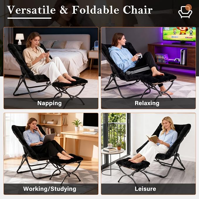 Furlide Oversized Folding Faux Fur Chair with Ottoman, X-Large Soft Saucer Chair, Foldable Metal Frame for Bedroom, Living Room, Balcony (Black)