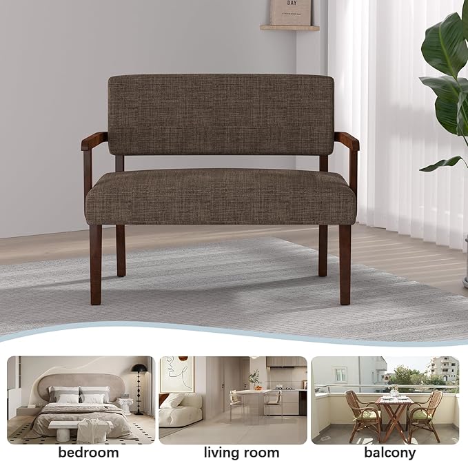 Accent Chair 2 Seat, Upholstered Reading Leisure Chair, Bench with Solid Wood Frame for Dining, Reading,Waiting Rooms (Brown)