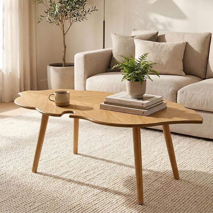 DUOMAY Mid-Century Modern Small Coffee Table, Solid Leaf-Shaped Wood Coffee Table for Living Room, Easy Assembly Center Table End Table with Wood Leg, Side Table for Bedroom Small Space, Natural