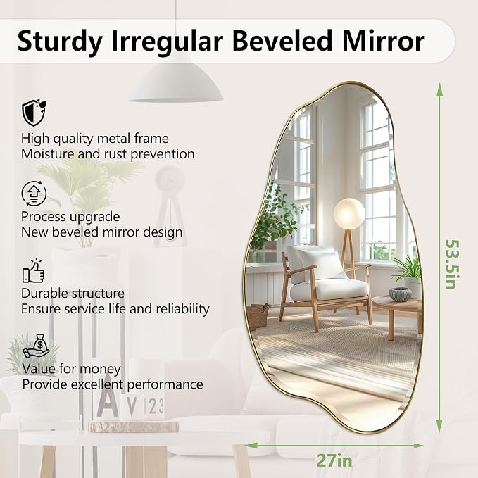POZINO Large Irregular Beveled Mirror, 53.5"x27" Asymmetrical Wall Mirror with Gold Metal Frame, Organic Shape Mirrors for Entryway Bathroom Bedroom Hallway Living Room, Horizontal or Vertical Hanging