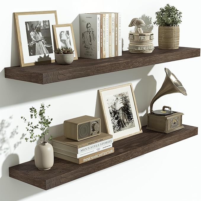 Vivelove Solid Wood Floating Shelves Set of 2, Elm Wood Wall Shelf with Invisible Bracket for Living Room Bedroom Bathroom Office, Rustic Farmhouse Display Shelf, 36 inch - Dark Walnut