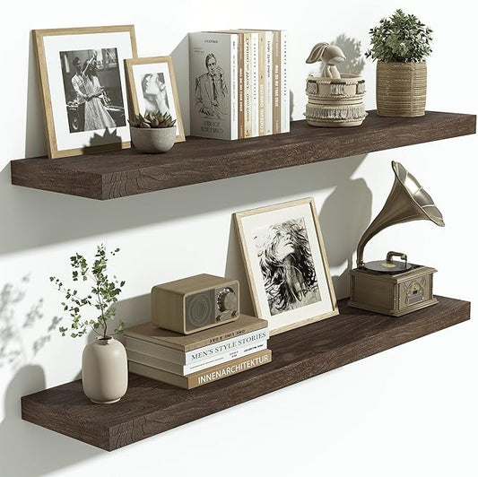 Vivelove Solid Wood Floating Shelves Set of 2, Elm Wood Wall Shelf with Invisible Bracket for Living Room Bedroom Bathroom Office, Rustic Farmhouse Display Shelf, 36 inch - Dark Walnut