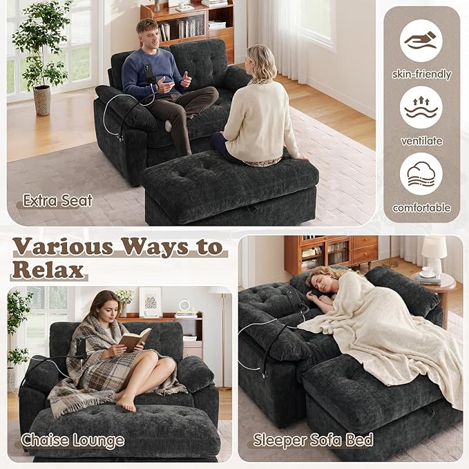 Oversized Chaise Lounge Chair Indoor with Ottoman&Adjustable Backrest,Chenille Tufted Recliner Comfy Loveseat Sofa Chair with USB&Phone Holder,Convertible Sleeper Couch Bed for Living Room(56"W,Black)