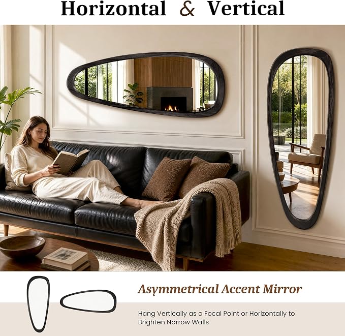 Irregular Wall Mirror, 60"x22" Full Length Mirror with Wood Frame, Large Asymmetrical Wall Mirrors for Living Room Entryway, Bathroom, Mid Century Modern Decor (Black)