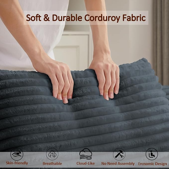 50" Chaise Lounge Chair Indoor, Oversized Corduroy Lazy Sofa Bed Sleeper Chair with 3 Pillows & Spring Cushion, Boneless Couches for Living Room Apartment, Dark Grey