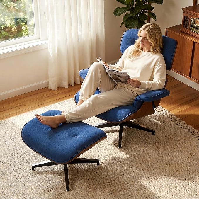 Chaise Lounge Chair with Ottoman, Top Black Grain Leather Recliner Chair, Modern Classic Office Chair with Ergonomic Lumbar Support, Heavy Duty Base Support for Bedroom Living Room Office (Blue)