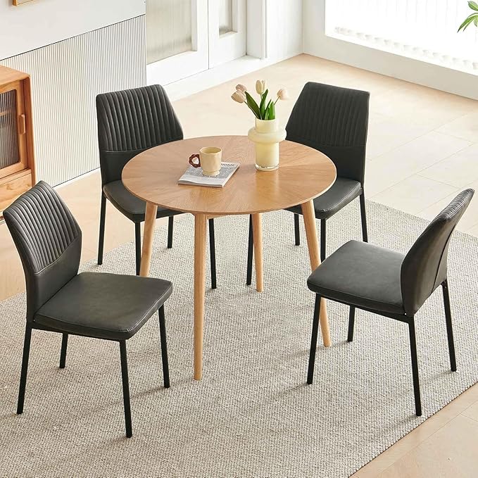 Small Dining Table Set for 4, Modern Round Dining Table with 4 PU Leather Dining Chairs in Metal Legs, Breakfast Nook for Compact Spaces, Dark Grey