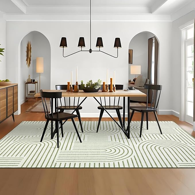 Washable Rug 9x12 Area Rugs for Living Room, Abstract Rug for Bedroom, Soft Rainbow Non Slip Throw Rugs with Rubber Back, Low Pile Stain Resistant Boho Geometric Carpet for Dining Room, Green