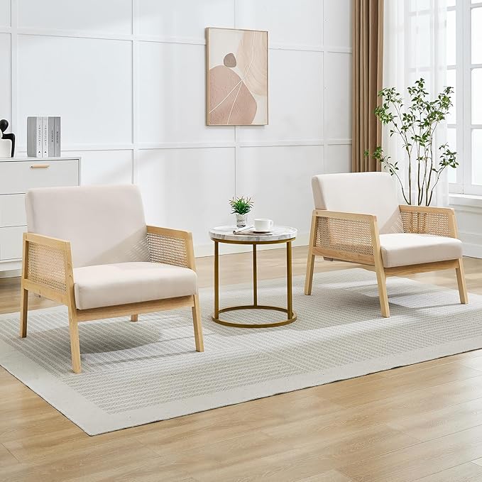 Mid Century Modern Accent Chair, Comfy Living Room Chairs with Sturdy Wood Legs, Rattan Backrest & Beige Thick Linen Cushion, Armchair for Bedroom Balcony Apartment (Beige-A) 2 PCS