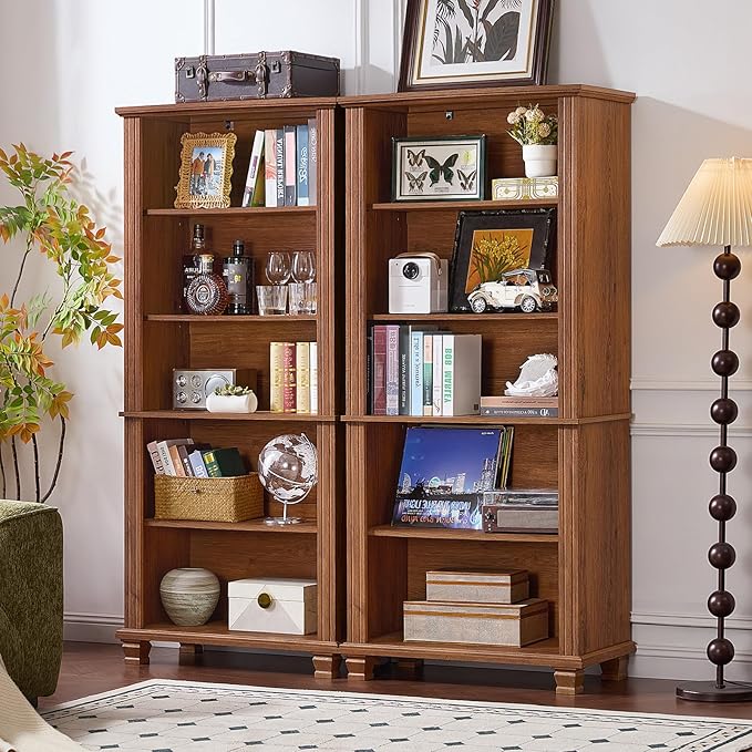 SAVOR LIFE 70" Tall Brown Bookshelf,5 Tier Wooden Book Shelf with Adjustable Shelves & Wood Legs,Free Standing Farmhouse Bookcase with Open Display Storage,Vintage Bookshelves for Classroom, 3PCS