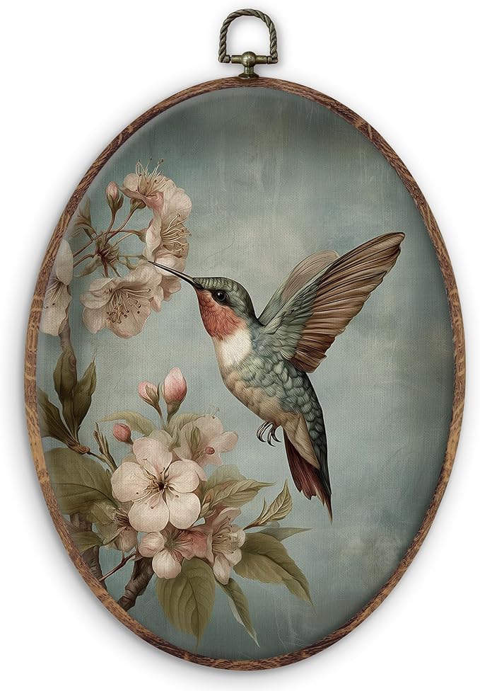 DILSJ Hummingbird Floral Oval Wall Art Decor, Bird Lover Gifts Canvas Wall Art Framed, Vintage Retro Botanical Flower Bird Hanging Decorations for Home Bedroom Living Room Decor, 11x8.5 Inch