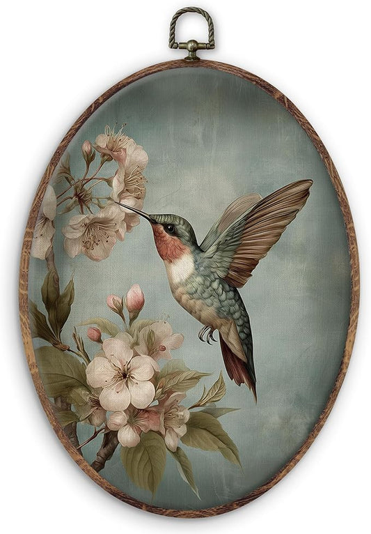 DILSJ Hummingbird Floral Oval Wall Art Decor, Bird Lover Gifts Canvas Wall Art Framed, Vintage Retro Botanical Flower Bird Hanging Decorations for Home Bedroom Living Room Decor, 11x8.5 Inch