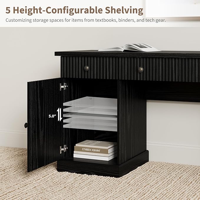 Garvee 60" Office Desk with Storage & Drawers. Fluted Wood Computer Desk with Power Outlet & Adjustable Shelves.Modern Executive Desk for Home Office/Bedroom/Gaming-Black
